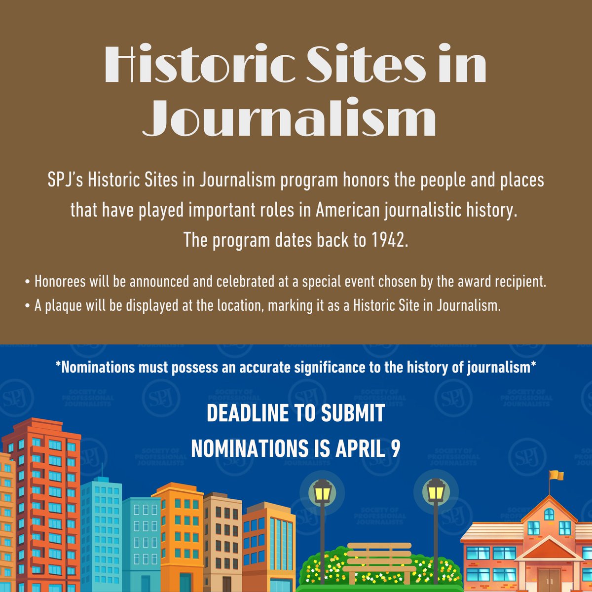spj_tweets's tweet photo. 📜🔎Know a place with a story that shaped journalism?

✍️Nominate it for the SPJ Historic Sites in Journalism program, which honors locations that have played key roles in American journalistic history since 1942.

🗓️Learn more and submit by April 9: https://t.co/u3WTb5IffD https://t.co/E9aCtTUm4T
