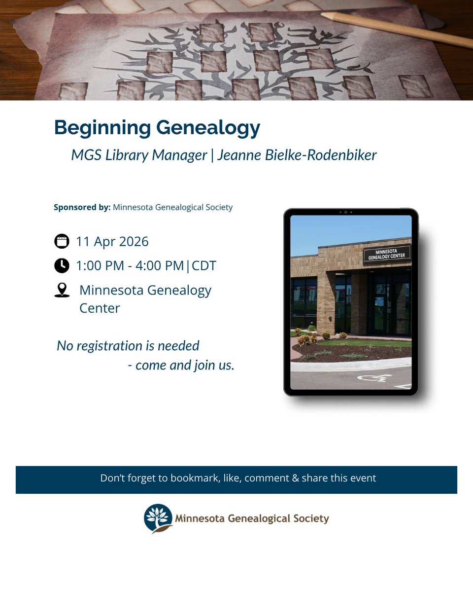 Ready to start your family history journey?
Join our free Beginning Genealogy class (1–4 PM at MGS Library). Learn research tips, explore resources &amp; tour the Hoffman Research Library.

What will you discover about your family this year?