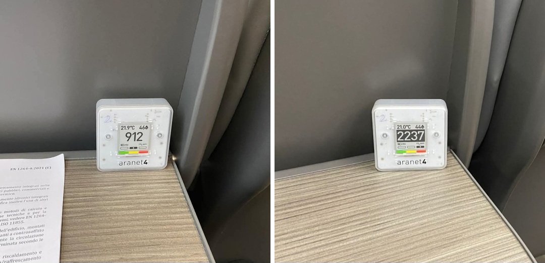 Da un #vagone all'altro di #Trenitalia: dalla padella alla brace!
Se la #CO2 aumenta in questo modo vuol dire che la manutenzione dei #filtri è stata fatta male o non è stata fatta affatto, per cui il ricambio dell'aria di fatto non c'è 😞

#IAQ #Aranet4 <a href="/aranet_home/">Aranet Home</a>