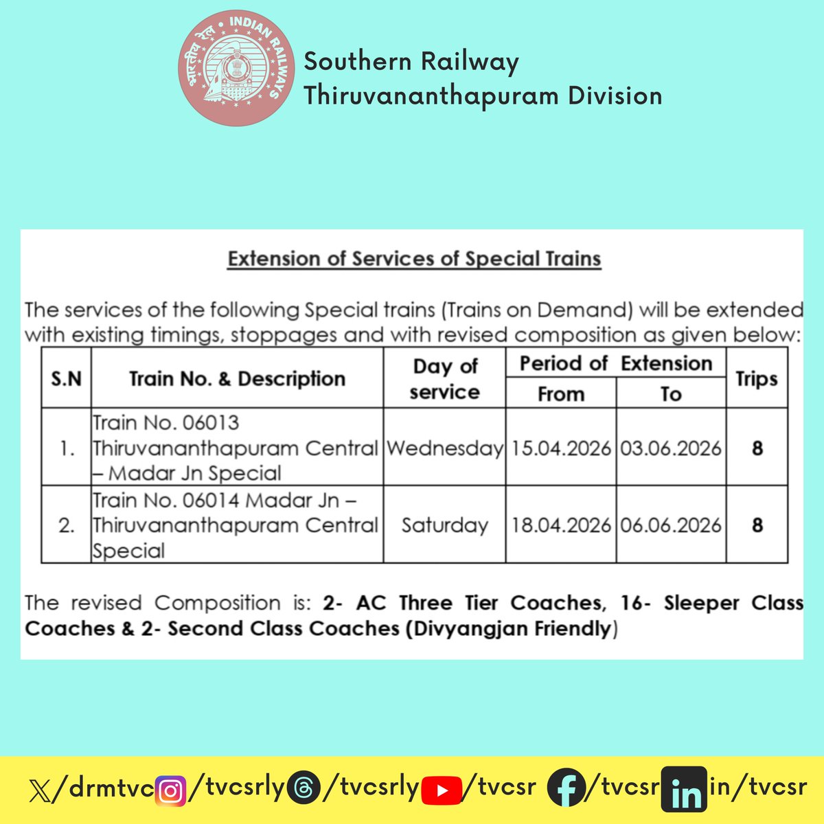 drm_tvc's tweet image. Extension of Services of Special Trains!
#IndianRailways #SouthernRailway #TVCSR #Train #Railways