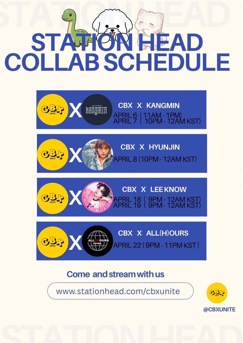 CBX_Unite's tweet image. [STATIONHEAD COLLAB] 
🎉#CBX streaming party schedule 🎉💛

#KANGMIN @VRVR_FANBASE 
📅 APRIL 6-7

#HYUNJIN @HHJCentral 
📅 APRIL 8

#LEEKNOW @leeknowstation 
📅 APRIL 18-19

#ALLHOURS @ALLHOURSGLOBAL_ 
📅 APRIL 22

Save the date &amp;amp; see you! 💛

 #첸 #CHEN #백현 #BAEKHYUN #시우민