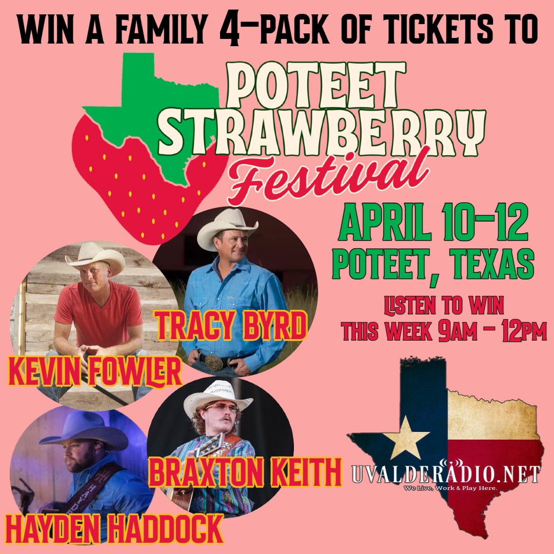 RadioUvalde's tweet photo. 🍓 WIN POTEET STRAWBERRY FESTIVAL TICKETS! 🍓
Listen to the Robert Miguel Morning Show (9am-12pm) all week on https://t.co/0G98KqO6m2! 📻
Win a Family 4-Pack for April 10-12 featuring:
🎸 Kevin Fowler &amp; Tracy Byrd 
🎶 Hayden Haddock &amp; Braxton Keith
#PoteetStrawberryFestival https://t.co/tItEvDWg3I