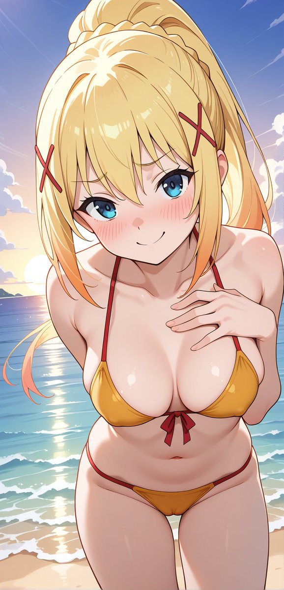 miswaifus1's tweet image. ¡Darkness!🔥🏖️💛 
Esta paladin rubia no vino a broncearse… vino a que la miren, la deseen y la hagan sonrojar 😏❤️ 😉 #Darkness #Konosuba #BeachVibes
