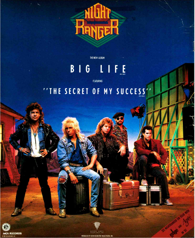 RockTheseTweets's tweet image. #OnThisDay in 1987, Night Ranger's new album "Big Life" was in stores with lead single The Secret of My Success (from the Michael J Fox motion picture) getting significant MTV airplay. Ad from Billboard April 4th, 1987. #80s #ClassicRock