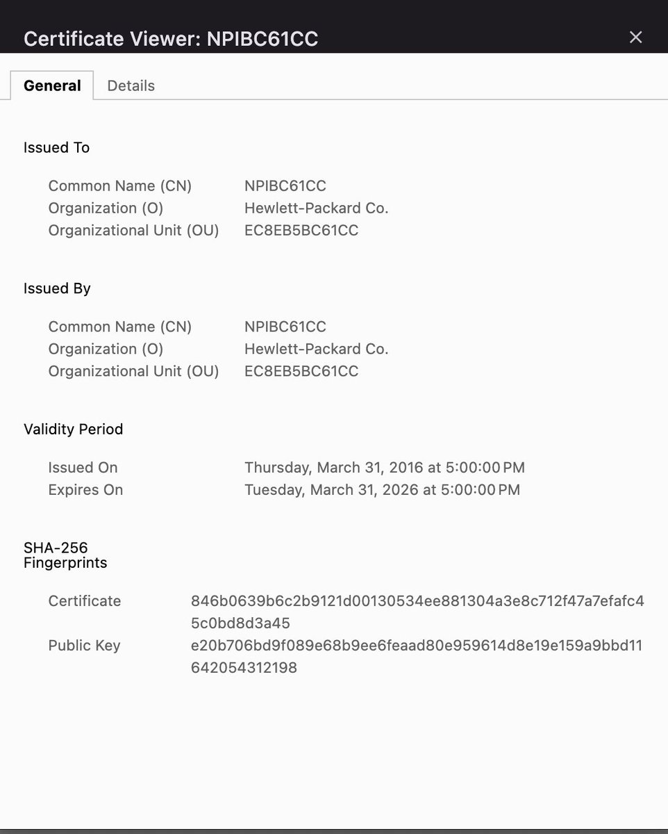 jpdaigle's tweet photo. TIL that HP LaserJet printers apparently have an embedded TLS cert, which expired on March 31st.
Now iOS + macOS won't print 🙄 https://t.co/XF53jUSofa