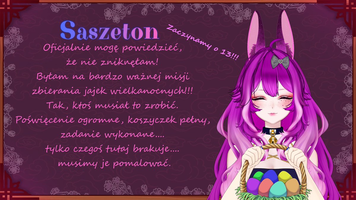 MishinkeDesu's tweet photo. Wracam do was!
🩷 Już jutro o 13  🩷
Będziemy losować spośród Kłaków (subskrybentów) widzów którzy będą wybierać motyw/wzór jajek
Zagramy sobie również w Unpacking.  
#plvtuber #wielkanoc https://t.co/ovOUrSWftB