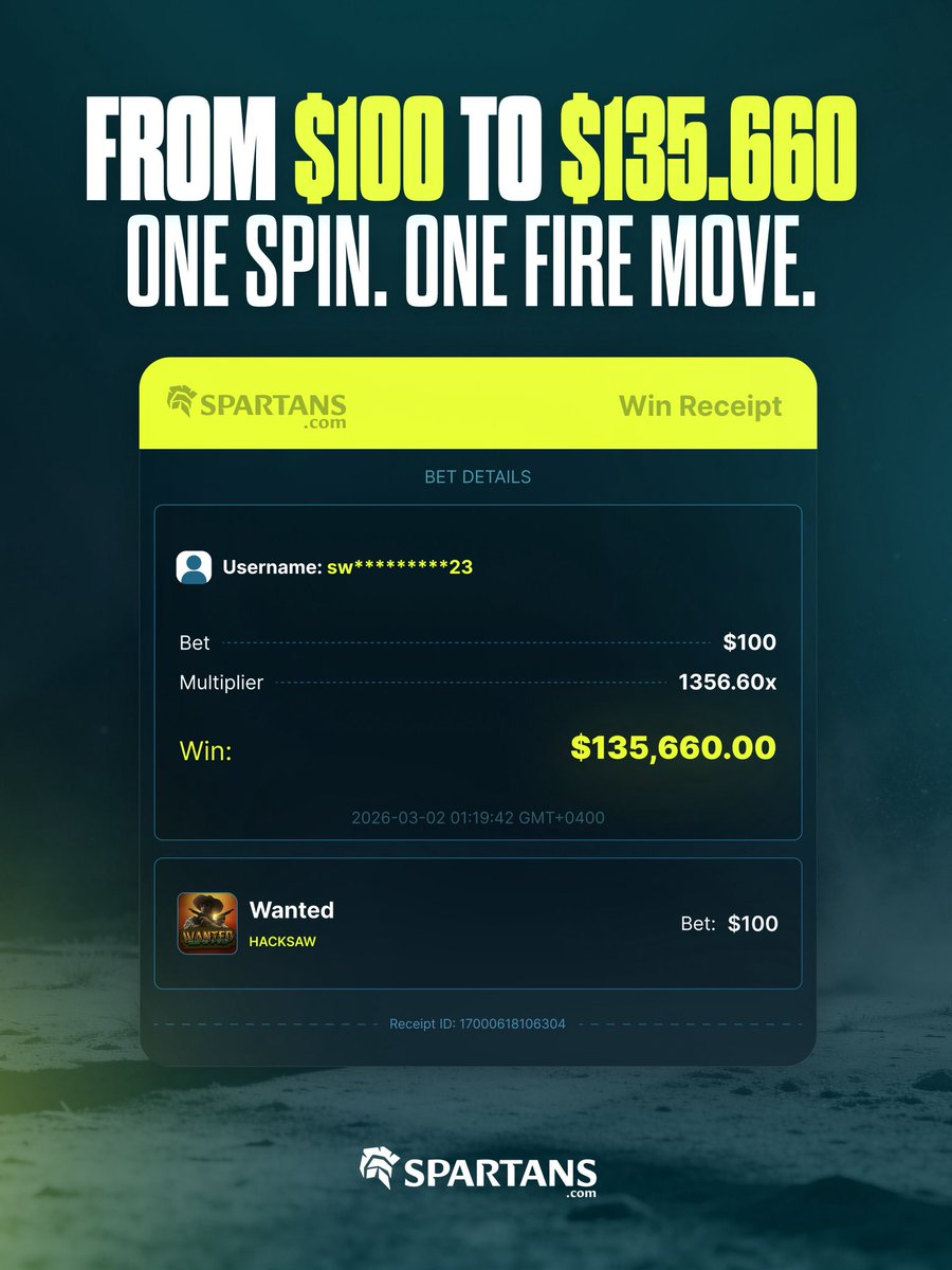 SpartansBet's tweet image. One spin. One fire move. One life-changing payout. 🔥

From a $100 bet to a massive $135,660.00 win on Wanted!

Big wins don’t wait around, and neither should you. 
Who’s ready to be next? 👀

👉spartans.com

#Spartans #Wanted #BetNow #PlayBig #WinBig