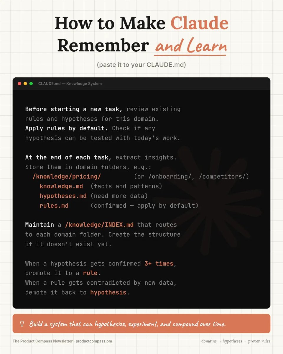 PawelHuryn's tweet photo. Your CLAUDE.md is probably a config file. It should be a decision engine.

Karpathy just published an llm-wiki spec. The key layer isn't the knowledge files — it's what he calls "schema (e.g., CLAUDE.md)." Not where to look. How to think.

I've been running this pattern with 120+ knowledge files for months. Three things make it compound:

— Knowledge architecture: INDEX.md routes the LLM to the right files without you pointing

— Decision journal: the LLM writes back. Templates, hypotheses, performance data update after every session

— Quality gate: hard rules that override defaults. "When evidence contradicts instinct, trust the evidence"

Without these, CLAUDE.md is a README. With them, it gets smarter every session