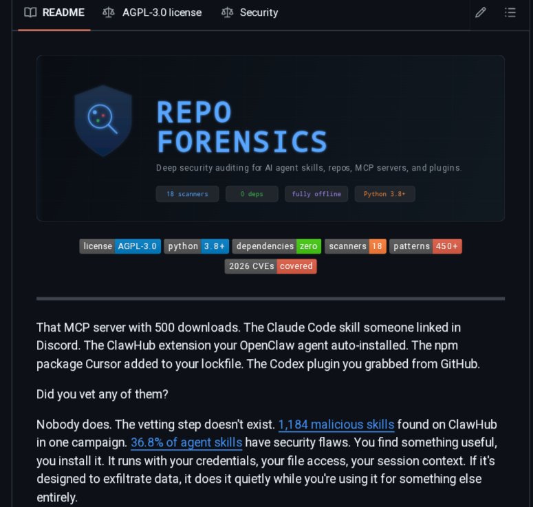 Sadishyt's tweet photo. repo-forensics #scanner
Security scanner for GitHub repos, Agent Skills, Plugins, and MCP servers. 18 scanners. Zero dependencies.

https://t.co/l3P4BFYEou https://t.co/hRsUwoUAqt