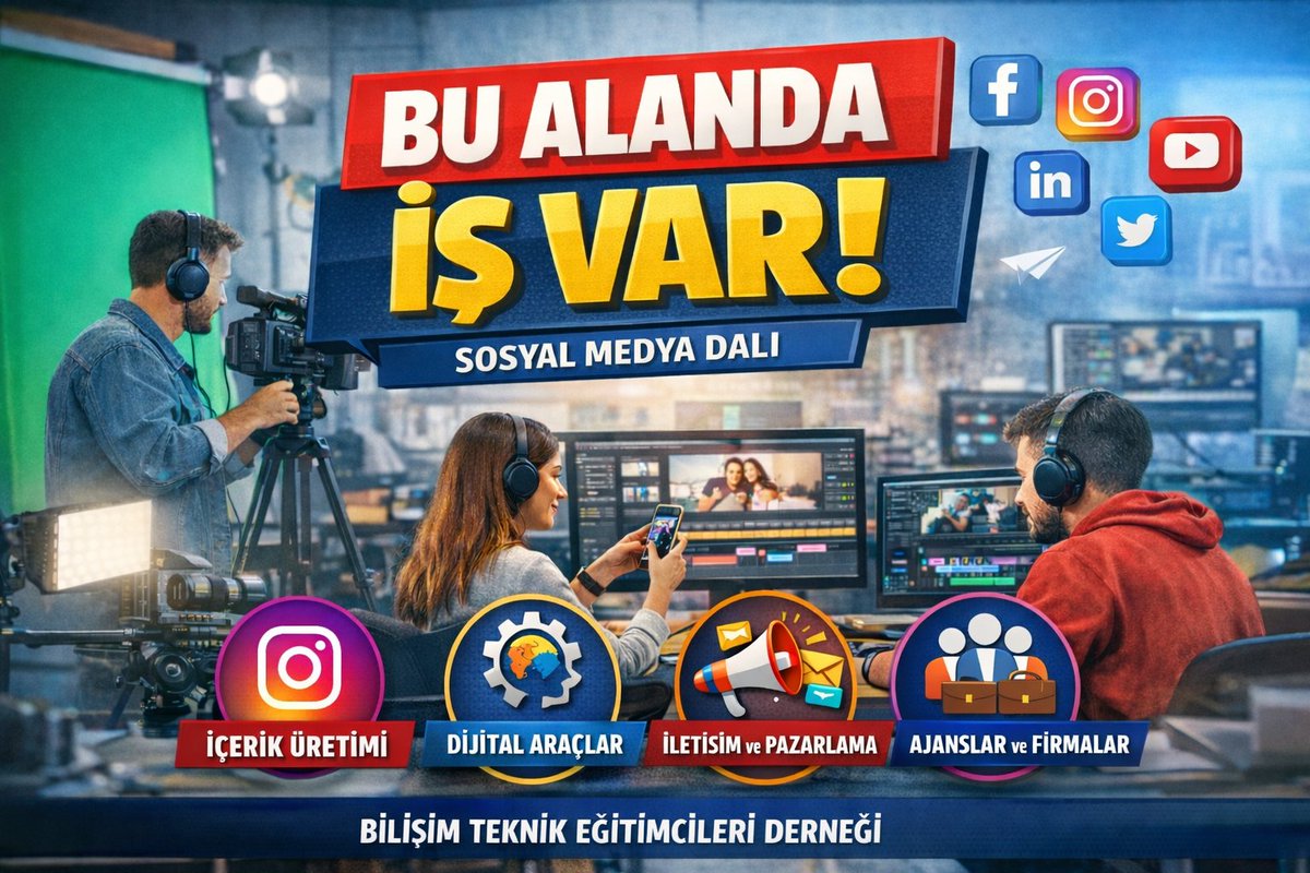 BİLİŞİM TEKNİK EĞİTİMCİLERİ DERNEĞİ’NDEN YENİ DAL ÖNERİSİ!

🎯 BU ALANDA İŞ VAR!

Sosyal medya artık sadece paylaşım yapılan bir alan değil, teknik bilgi ve uzmanlık gerektiren bir çalışma alanıdır.

Bilişim Teknik Eğitimcileri Derneği olarak;
Mesleki ve Teknik Anadolu Liseleri