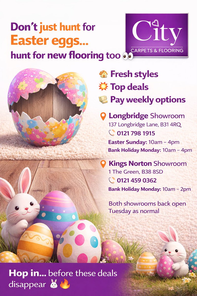 city_carpets's tweet photo. 🐣 Easter weekend = perfect excuse for a home upgrade 👀

Don’t just hunt for Easter eggs… hunt for a new floor too 🔥

Fresh styles. Top deals. Pay weekly. No excuses 💥

📍 Longbridge Sun &amp; Mon 10–4
📍 Kings Norton Mon 10–2

Back Tuesday… don’t miss it 🐰

#Easter #Home https://t.co/RrGSkWwXt6