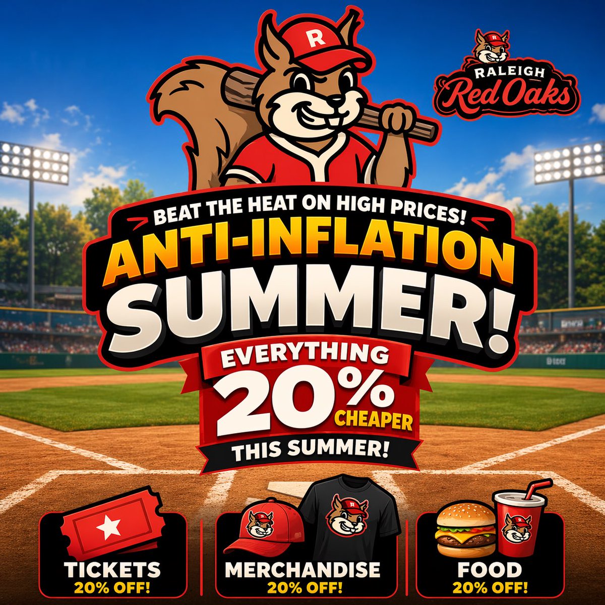 Carl saw gas prices today and said… “that’s nuts.” 

So we had AI make this official:
🎟️ Tickets: 20% less
🌭 Food: 20% less
👕 Merch: 20% less 

Everything is 20% cheaper. $8 tickets. $3 hot dogs. And shirts that won’t cost you your shirt. 

Prices are nuts. Ours aren’t.