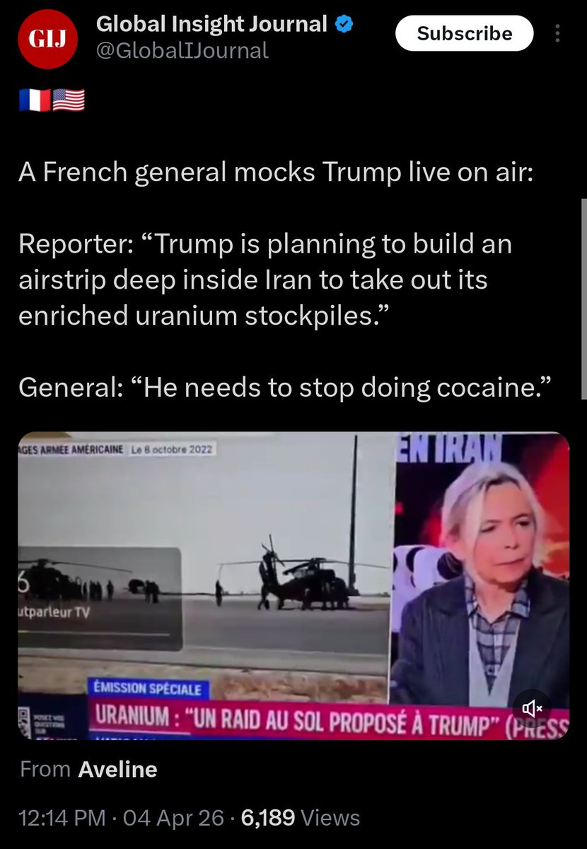 wafaabbaskhan72's tweet photo. 🇫🇷🇺🇸एक फ्रांसीसी जनरल ने लाइव प्रसारण के दौरान ट्रंप का मज़ाक उड़ाया:
रिपोर्टर: "ट्रंप ईरान के अंदरूनी हिस्से में एक हवाई पट्टी बनाने की योजना बना रहे हैं, ताकि वहाँ जमा समृद्ध यूरेनियम के भंडार को नष्ट किया जा सके।"
जनरल: "उन्हें कोकेन लेना बंद कर देना चाहिए।" #JesúsDeNazaret https://t.co/AFX5yA3dMD