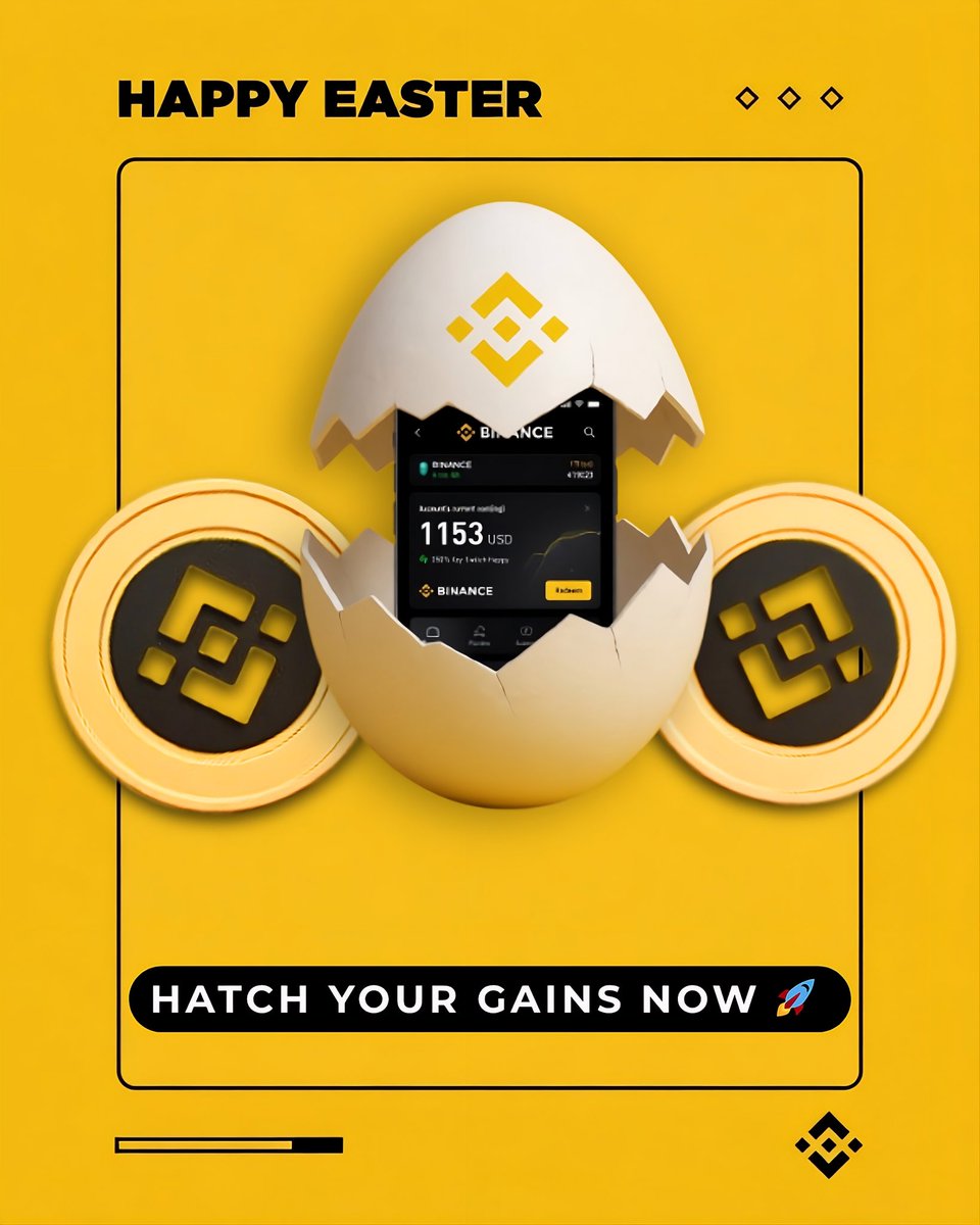 brodaink's tweet photo. A fun, yet premium Easter visual, featuring a cracked egg revealing the @binance app with real-time gains, flanked by BNB coins. Clean, on-brand, and ready to drive action! 

#BinanceEaster https://t.co/qAG8NvokpD
