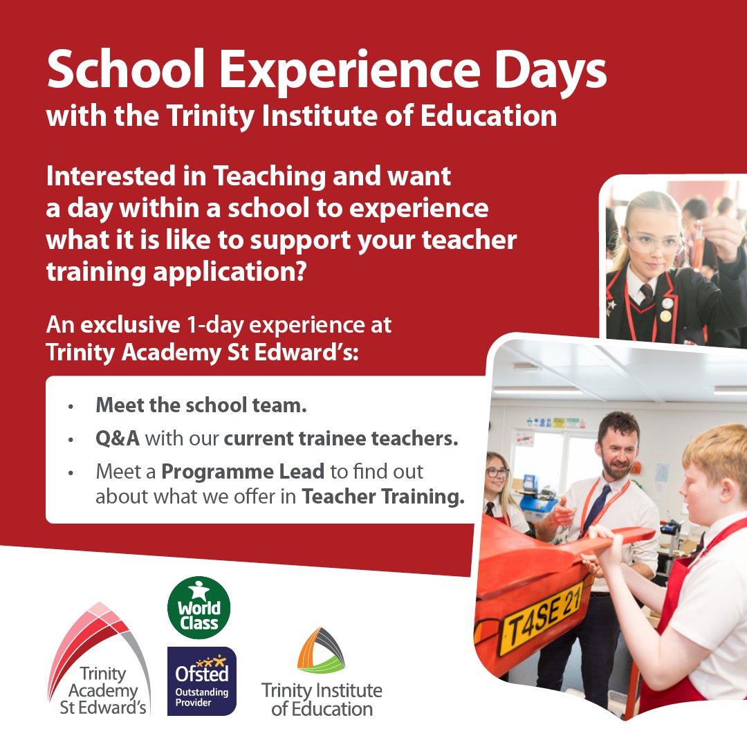 Trinityteach's tweet image. 📣 Trinity Academy St. Edward's School Experience Day - Friday 17th April 2026: 10am - 2pm.

📲Sign up here: eventbrite.com/e/198672328181…

@NatInstTeaching  @getintoteaching @TrinityAcadStE @trinity_mat @PrincipalTASE  #barnsley #TeacherTraining #teachers