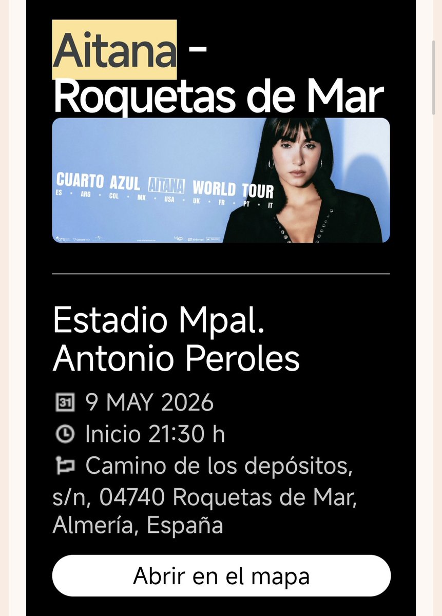 Vendo 2 #entradas para #Aitana el 9/05 en ROQUETAS DE MAR, Almería! En pista general, a 65€ cada una, lo que me costaron. Se agradece RT!!

#concierto #cuartoazul