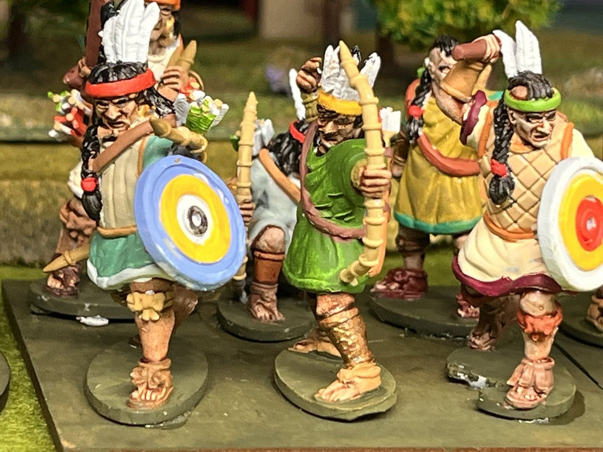 PhilDMackie's tweet photo. More progress with the #28mm MesoAmericans. All these are 3D Red Copper Tarascan stls printed by #NeradDesigns.  I’ve not decided how to finish the bases yet. #wargaming https://t.co/xJENJ2Y5YK