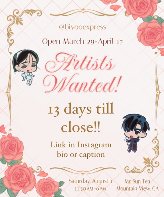 Biyooexpress's tweet photo. 🌺🌺13 MORE DAYS TILL THE ARTIST FORM CLOSES!!🌺🌺 Anakt Palace is looking for artists interested in bringing an ALNST Historical AU to the Bay Area!

Form: https://t.co/ld27GzGA1W
#bayarea #cupsleeveevent #alienstage #ALNSTㅤㅤㅤㅤㅤㅤㅤㅤㅤㅤㅤ https://t.co/J7zQhGSQ2i