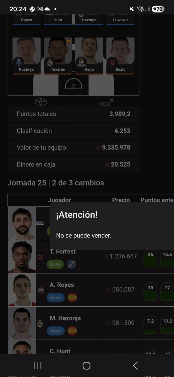 yegusay's tweet photo. @SuperManagerACB Me queda un cambio, estoy en tiempo, por que no deja cambiarlo? https://t.co/hpuWG6CL5w