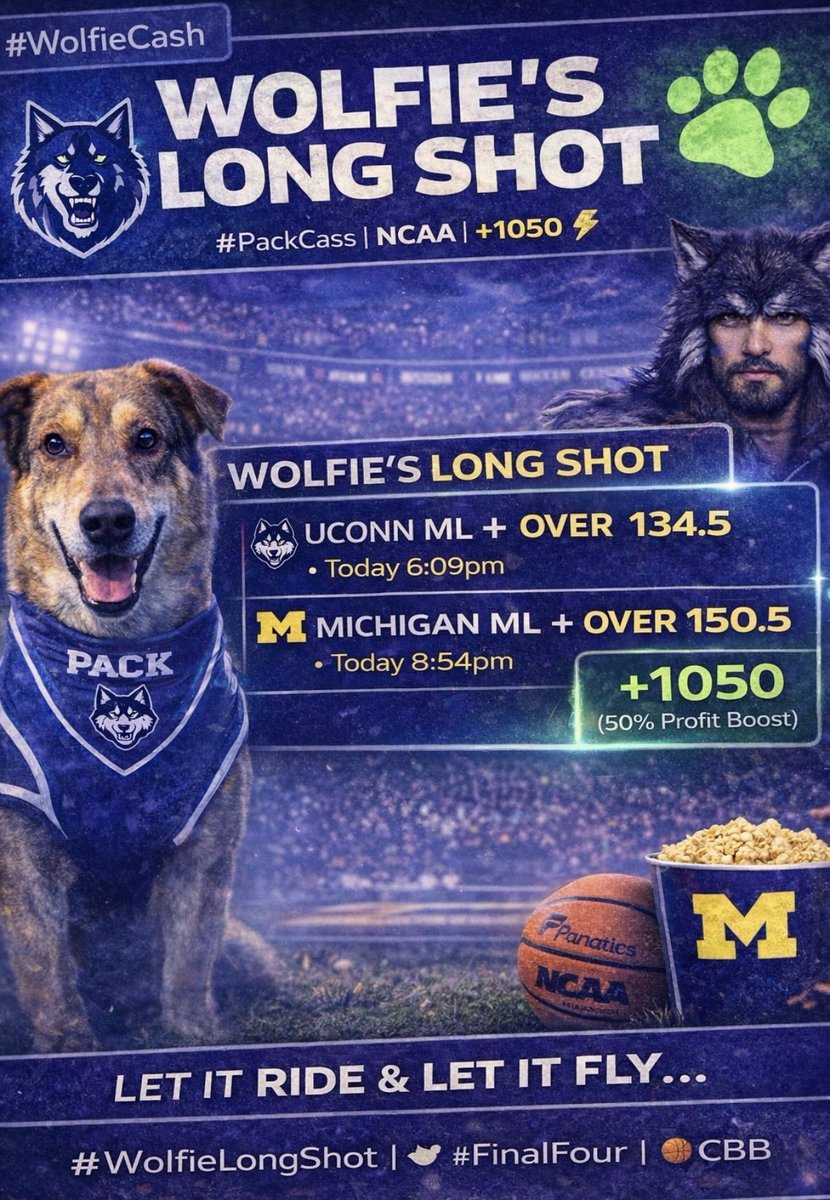 KaleBetsWin's tweet image. Wolfie’s howling… and we’re going for it 🐺🔥

UConn ML + Over 134.5
Michigan ML + Over 150.5

Played separate.
Stacked together.

Let it ride.

#WolfieLongShot #FinalFour #CBB #GamblingTwitter