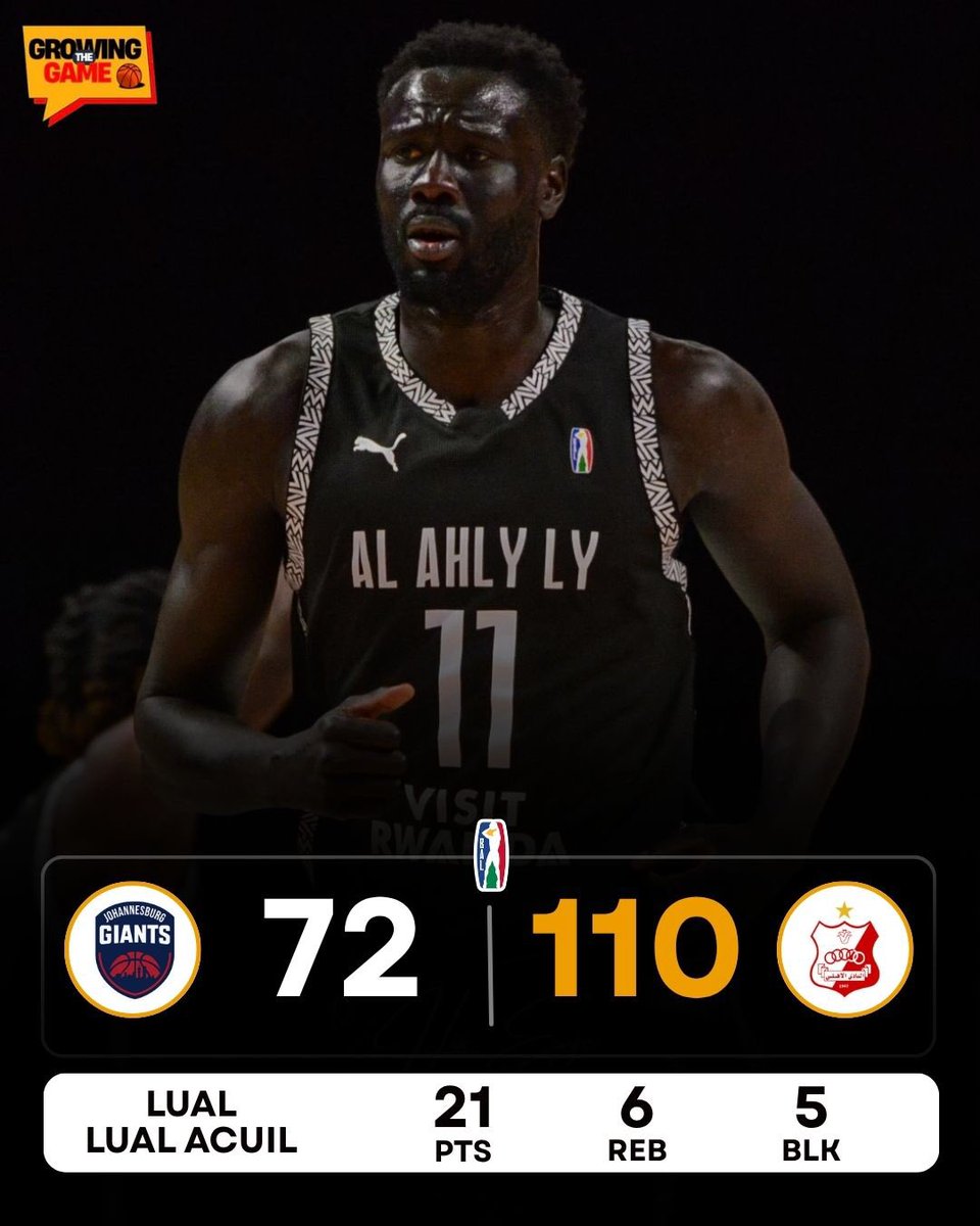 growing_thegame's tweet photo. Al Ahly Benghazi closed out the Kalahari Conference in style, overpowering the Johannesburg Giants for another statement win. 🏀🔥

Jo Lual Acuil was unstoppable in the paint with a monster double-double.

A complete performance to end the conference on a high note! 💪 https://t.co/LyuTGCMtiT