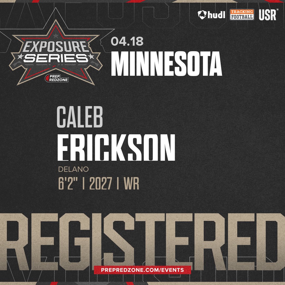 PrepRedzoneMN's tweet photo. Welcome Class of 2027 Caleb Erickson (@Caleberickson27) of Delano to the @PrepRedzoneMN Exposure Series Showcase on April 18th @ Plymouth Fieldhouse. 

🔥🏈 #PRZExposureSeriesMN 🏈🔥

Register NOW! 👇  https://t.co/UgzqvUtptB https://t.co/AWEs65lUyW
