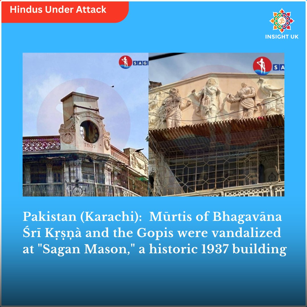 INSIGHTUK2's tweet photo. Mūrtis of Bhagavāna Śrī Kṛṣņà vandalized in Pakistan

Last month in Karachi, Pakistan,  Mūrtis of Bhagavāna Śrī Kṛṣņà and the Gopis were vandalized at "Sagan Mason," a historic 1937 building. Attackers decapitated the Mūrtis, sparking outrage within the Hindu community. Despite local demands for justice, authorities have remained largely silent, and no arrests have been made.
This desecration is not an isolated incident but a symptom of the systemic Hindu genocide and religious cleansing that has persisted in the region for decades.

Since the Partition, the Hindu population in Pakistan has decreased due to state-sanctioned discrimination, forced conversions, and the destruction of Mandirs.

Targeted demolition of religious symbols and the failure to protect minority lives constitute a "slow-motion genocide."
By erasing the cultural and physical presence of Hindus, extremists aim to finalize the total homogenization of the state, leaving the remaining minority community in a perpetual state of terror and existential threat.

Why is the world silent when Hindus of Pakistan face persecution?

#SaveMinorities #RespectReligions #Karachi #Sindh #HumanRights
@WHCongress