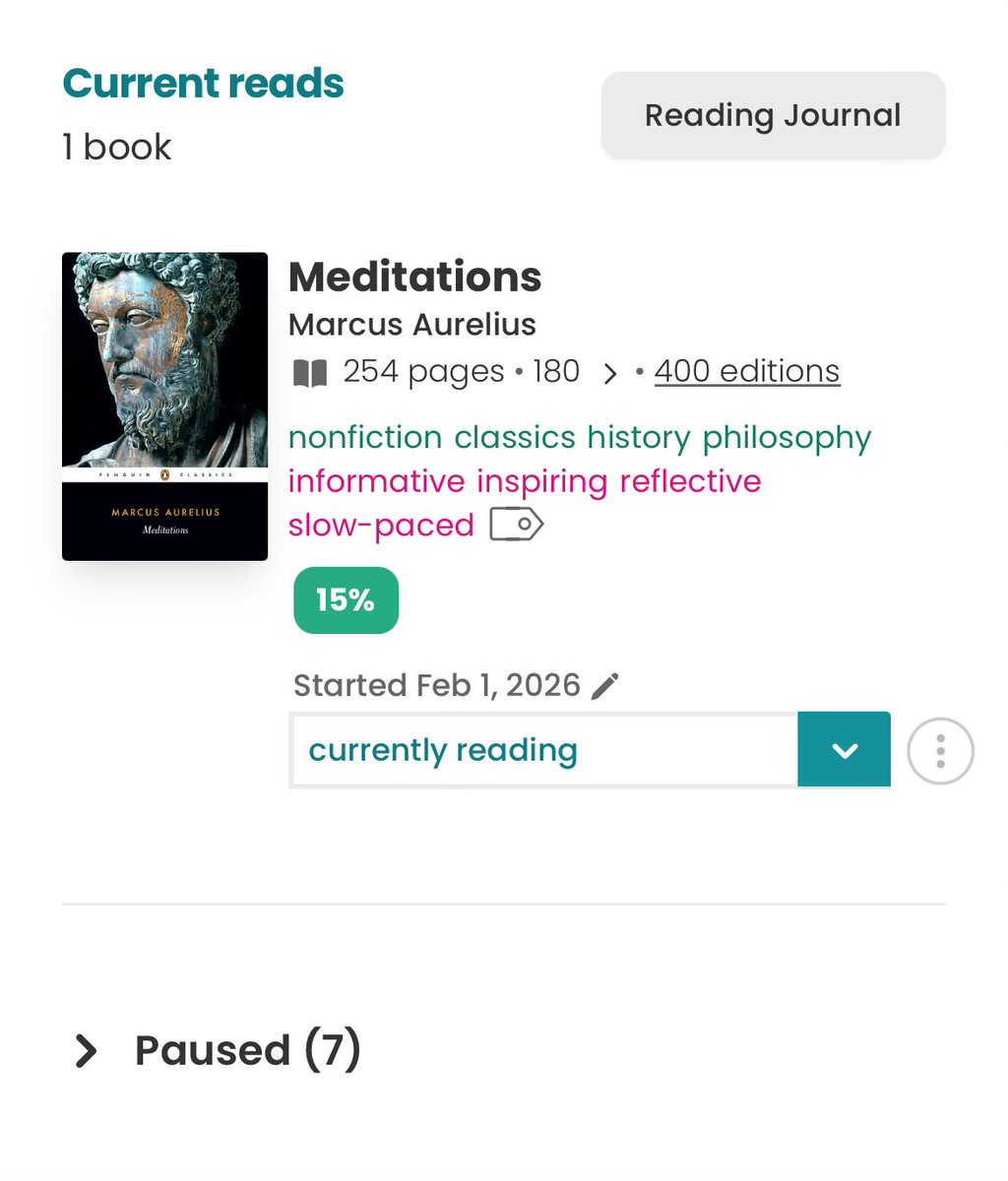 mandibooktwt's tweet photo. trying to go through all my paused books i have from my 2 month slump, so i’m now continuing :

Meditations by Marcus Aurelius 
@antiquitybc February BOTM 🫶🏼 https://t.co/flKr5xwYN5