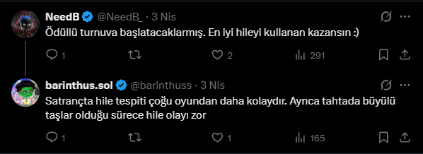 barinthuss's tweet photo. HİLECİLER

Maalesef oyunun ilk iki gününde iki büyük turnuvayı da makine kullananlar kazandı. 2 ETH ödüllü Launch turnuvasında finale kaldım ve makine kullanan kişiye kaybettim. Normalde banlanması gereken kişiye 1 ETH ödülünün verileceği söylendi bunu sizin takdirinize bırakıyorum. 
İkinci turnuvamda ilk turda hileci denk geldi ve elendim boşa taş yaktığımla kaldım.
1.5 ETH ödüllü diğer turnuvayı da makine kullanan biri kazandı o da 0.75 ETH ödülünü alacak.
Ayrıca @NeedB_  'nin yaptığı bu yoruma karşı da özür diliyorum hilecileri banlamayıp ödül vereceklerini tahmin etmemiştim 🙂