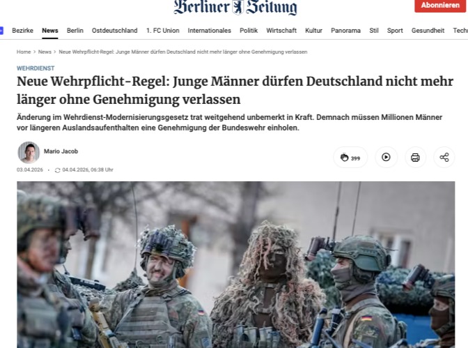 I congratulate German men for this achievement. Way to go, my friends.
"New conscription rule: Young men are no longer allowed to leave Germany without permission".