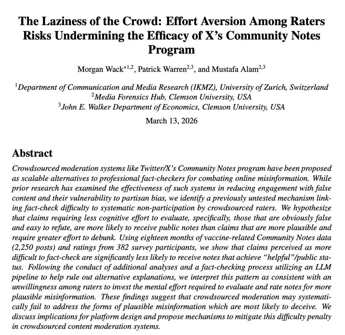 gvrkiran's tweet photo. As one would expect, a weak point in Community Notes is that the crowd is more likely to flag claims that are easy to debunk, and less likely to act on plausible misinformation that takes real work to check. 

This systematically biases what is corrected.

https://t.co/JmMYjmiYjY https://t.co/9R3Dgi02NA