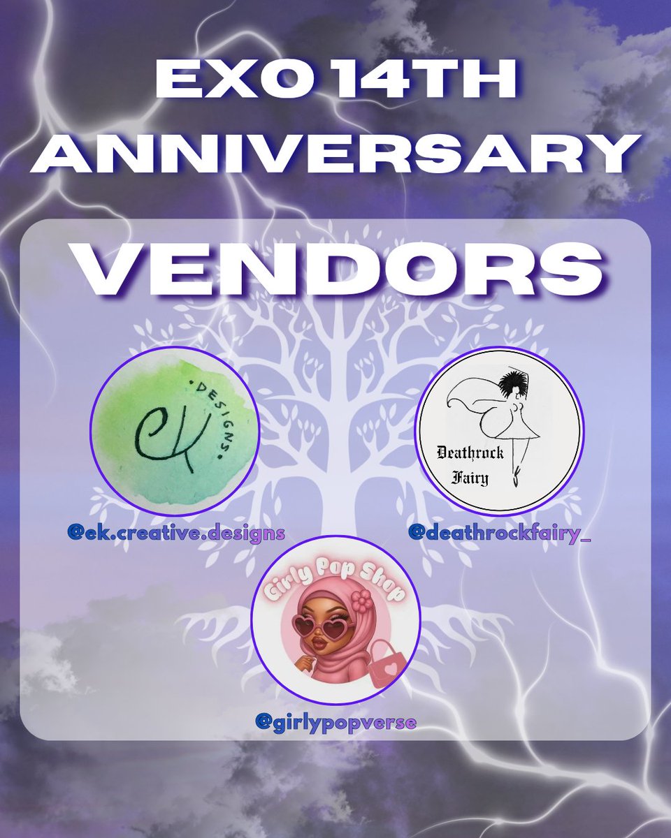 Happy to announce our vendors for the anniversary cupsleeve next weekend! 
Please welcome:
🌹@/ek.creative.designs (IG)
🧚‍♀️@/deathrockfairy_ (IG)
💖@/girlypopverse (IG)

Excited to see everyone there!
#dfwcupsleeve #EXOcupsleeve #EXOanniversary #EXOL #EXOevent