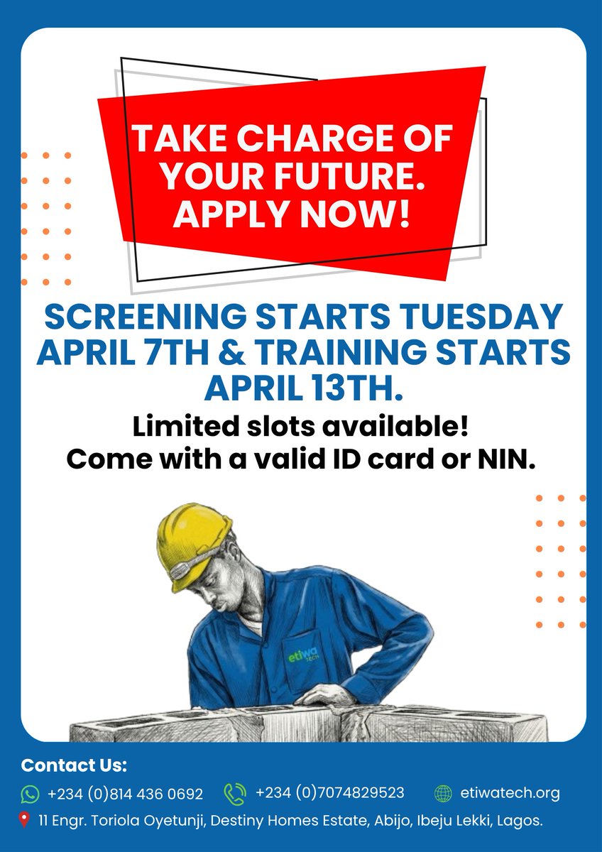 EtiwaTech's tweet photo. 🚨 Applications Now Open!
The Alaro City Youth Empowerment Program is giving young people in Epe the opportunity to learn practical, in demand skills and build a real career path.
Are you between 18 and 35 and ready to take your future seriously? https://t.co/laRbzOJGua