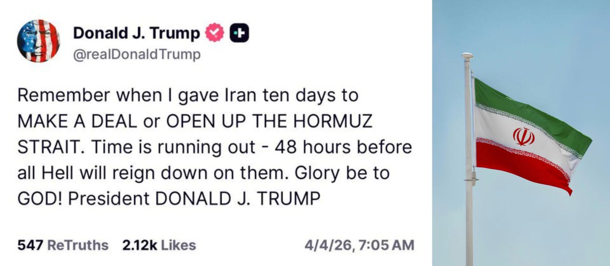 Suleman15901's tweet photo. BREAKING 🚨 

🇺🇸 President Trump has issued a final warning to Iran — giving them just 48 hours to strike a deal and reopen the Strait of Hormuz

If they fail to comply, he warned that severe military consequences will follow #CryptoMarket #trumpsjobsslump https://t.co/mfVLWRLAcu