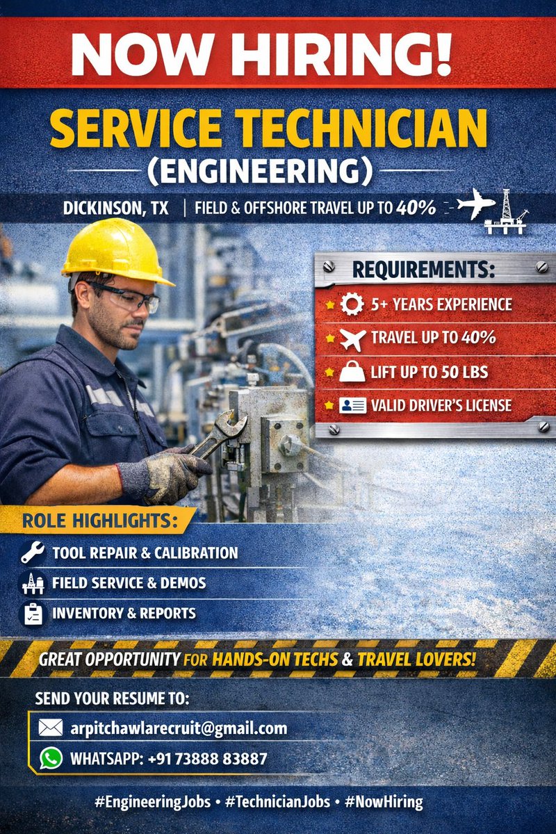 MyAngels_MyLife's tweet photo. 🚨 URGENT HIRING | Service Technician (Engineering) – Texas, USA 🇺🇸

#Hiring #EngineeringJobs #ServiceTechnician #USJobs #FieldService #NowHiring #Recruitment #JobsUSA https://t.co/c5uOy9JuEP