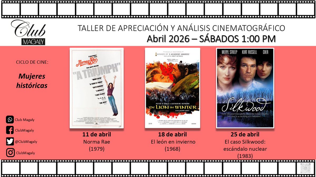 ClubMagaly's tweet photo. Continúa el ciclo de “Mujeres históricas”.
Todos los sábados de abril, 1p.m.

11 de abril - “NORMA RAE”
18 de abril - “EL LEÓN EN INVIERNO”
25 de abril - “EL CASO SILKWOOD: ESCÁNDALO NUCLEAR” https://t.co/AF7Mx9LIG2