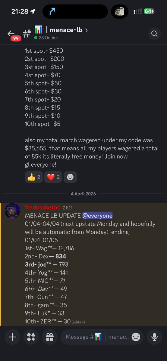 MENACE LB UPDATE 01/04-04/04 
Alongside two giveaways 
One on X and one on dc !
Ends Monday
Rules for X is RT, LIKE, Follow and tag a friend! $25x1

Dc is to have verified role and 10 msg weekly ! $25x1
You can only win if you have a menace account under me! 

Link in comments⬇️!