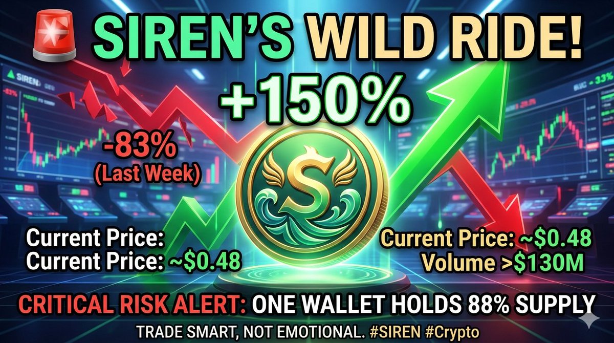 Suleman15901's tweet photo. 🚨 SIREN just pumped 150% today after crashing 83% last week! Wild ride fr. Current price ~$0.48. Volume exploding past $130M. Still high risk tho — one wallet holds 88% supply. Trade smart, not emotional. 👀 #SIREN #Crypto $SIREN https://t.co/NWbmp6XhzT