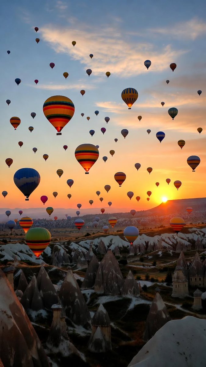 TravelDolce's tweet image. Hundreds of balloons at sunrise.

#Cappadocia #BalloonsSky #Turkey