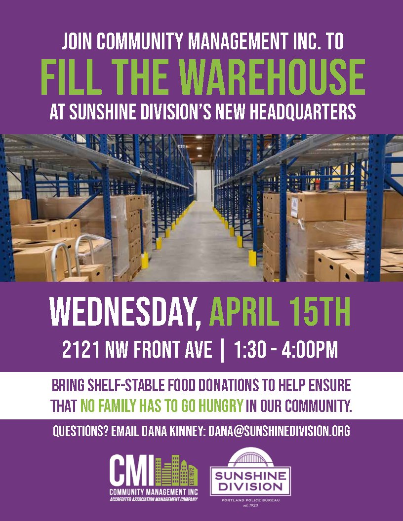 CommMgtInc's tweet photo. 🎉 Help CMI pack the warehouse at Sunshine Division’s new headquarters with nutritious, shelf-stable food for local families! 🌟 

Join us on Wednesday, April 15, at 2121 NW Front Ave, and bring whatever you can! Donations can be dropped off from 1:30 PM to 4:00 PM. 

Every single item contributes to ensuring our new food pantry opens fully stocked and ready to support our community!

Let’s unite to make sure no family goes without access to food! 💪❤️

Got questions? Reach out to Dana Kinney, Director of Development: dana@sunshinedivision.org

#CommunitySupport #FoodForAll #SunshineDivision #CommunityManagementInc #CommunityManager
#PackTheWarehouse #NutritiousFood #LocalFamilies #FoodPantry #CommunityUnity #NoFamilyWithoutFood #SunshineDivision #SupportLocal #FoodDonations #VolunteerTogether #MakeADifference #FeedTheHungry #JoinUs #GiveBack #DonateNow 💖🌟