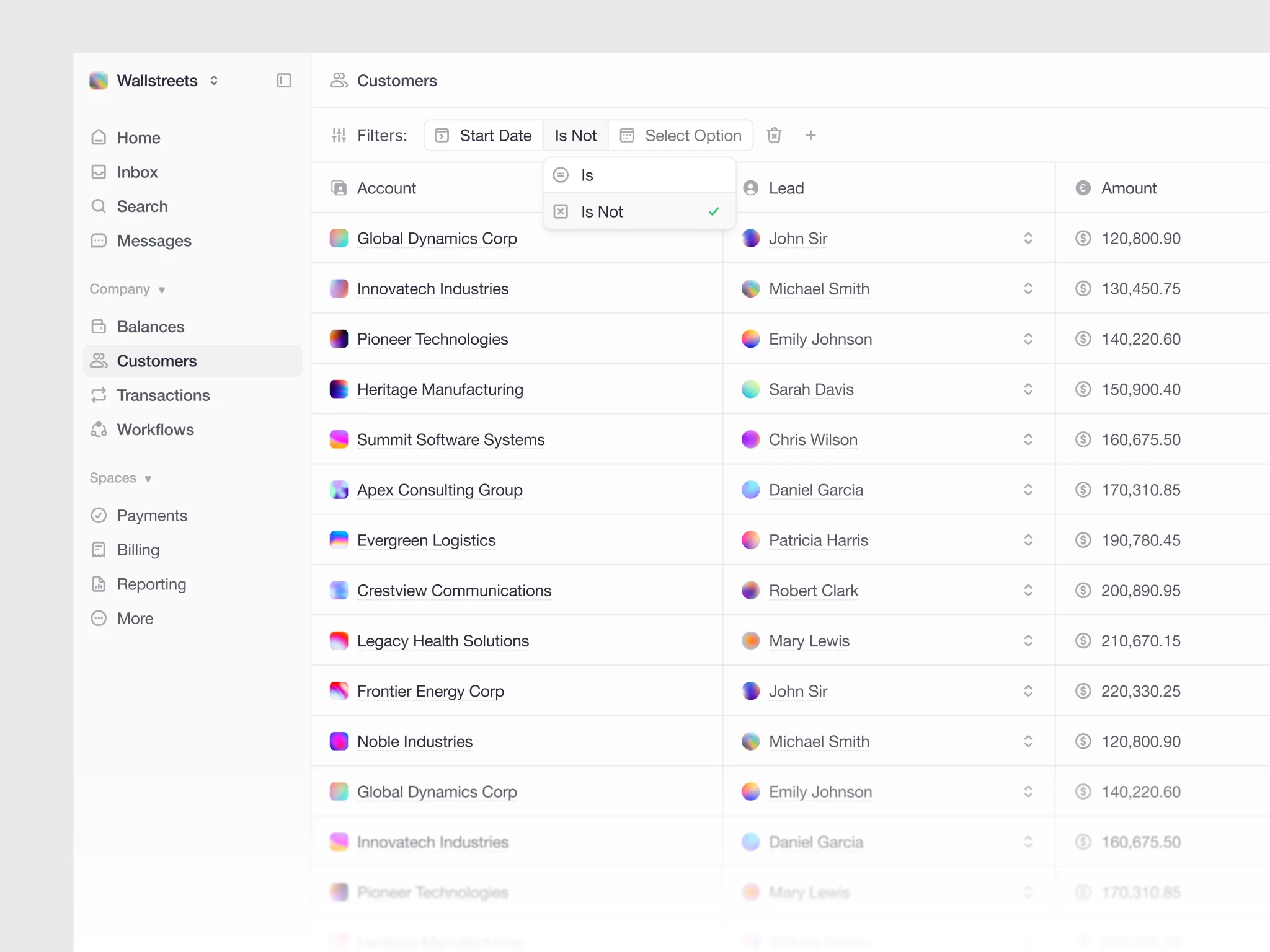 CRM 고객 테이블 — 필터·드롭다운 인터랙션 4종
