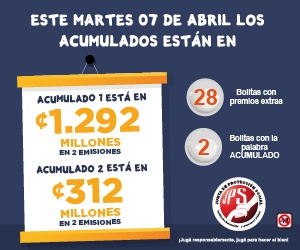 El acumulado sigue creciendo
Este martes 07 de abril el acumulado 1 está en
¢1292 millones y el acumulado 2 en ¢312 millones
ambos en 2 emisiones 
Con solo comprar una fracción ya estás participando
Adquirí nuestros productos con los vendedores
autorizados o ingresando a