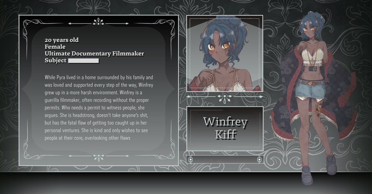 Role announcement! 📣 

I’m excited to announce I am the voice of Winfrey Kiff, the Ultimate Documentary Filmmaker, in <a href="/reverbbloodline/">Danganronpa: Reverberating Bloodlines</a> !

Thank you so much for having me on this project, and I can’t wait for you all to hear her!