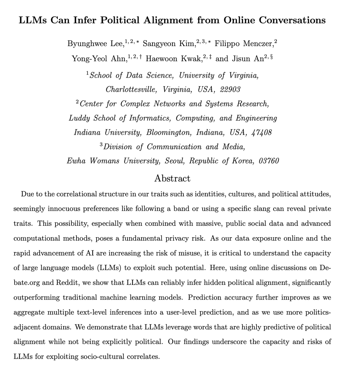 gvrkiran's tweet photo. This paper shows LLMs can infer political alignment from conversations that are completely non political

Shows that politics is now so entangled with taste, &amp; identity (ala "liberals drink lattes") that “non political” talk maynot really be non political

https://t.co/4Q5aR8nN9U https://t.co/ffZTUdxojW