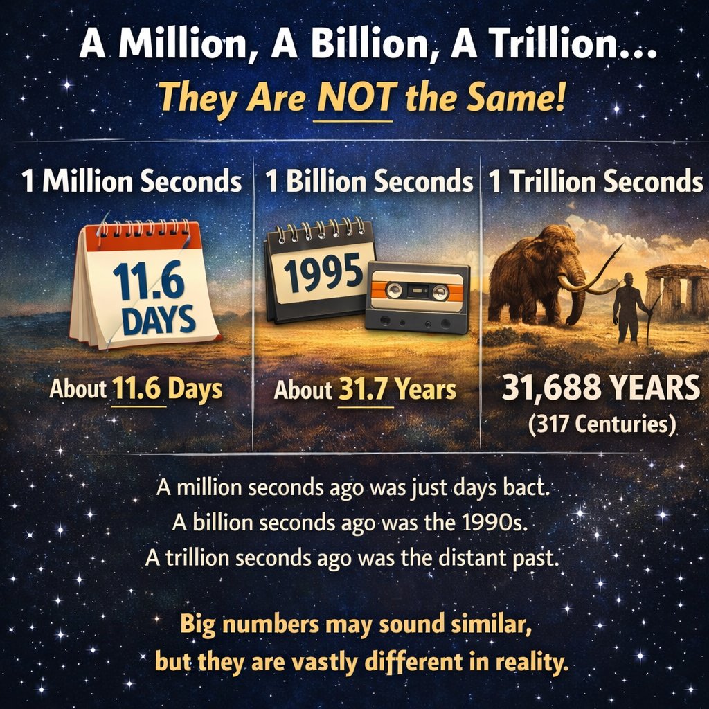 A reminder that million, billion, and trillion are not just slightly different numbers.

1 million seconds = 11.6 days
1 billion seconds = 31.7 years
1 trillion seconds = 31,688 years
Same pattern with money and costs: numbers that sound close are often nowhere near each other in