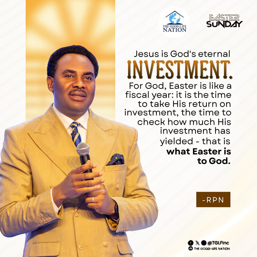 TGLFInc's tweet photo. Jesus is God’s eternal investment. For God, Easter is like a fiscal year: it is the time to take His return on investment, the time to check how much His investment has yielded — that is what Easter is to God. -RPN 

#RPN 

#APeopleCome https://t.co/zFb7Ytxe6D