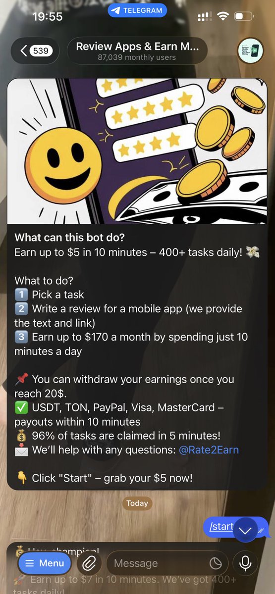 You can make money on this site as tasks are rolled out easily 

• Link: t.me/Rate2Earn_Bot?…
• Review the available task once it’s validate you get paid $6.5 withdrawal is placed at $20

GL 
Cc <a href="/codesam707/">Prowler8</a>
