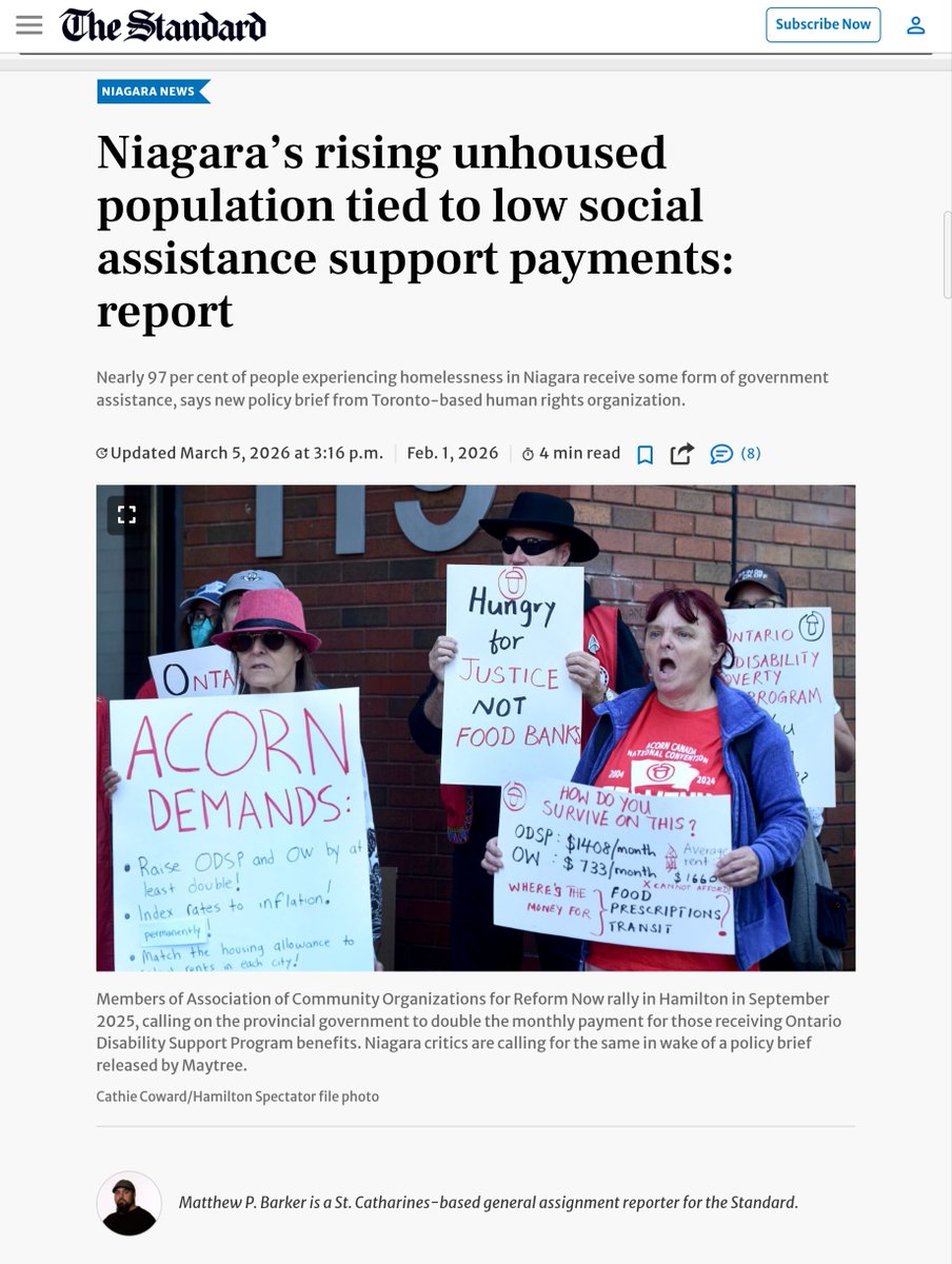 ODSPoor's tweet image. "Niagara’s rising unhoused population tied to low social assistance support payments: report

Nearly 97 per cent of people experiencing #homelessness in Niagara receive some form of government assistance, says new policy brief from Toronto-based human rights organization.