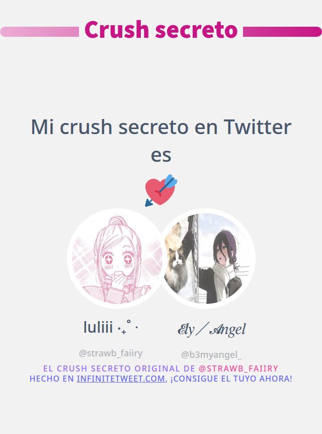 Mi crush secreto en Twitter es <a href="/b3myangel_/">𝓔𝑙𝑦／𝓐𝑛𝑔𝑒𝑙</a>

➡️ infinitetweet.me/secret-crush?l…
