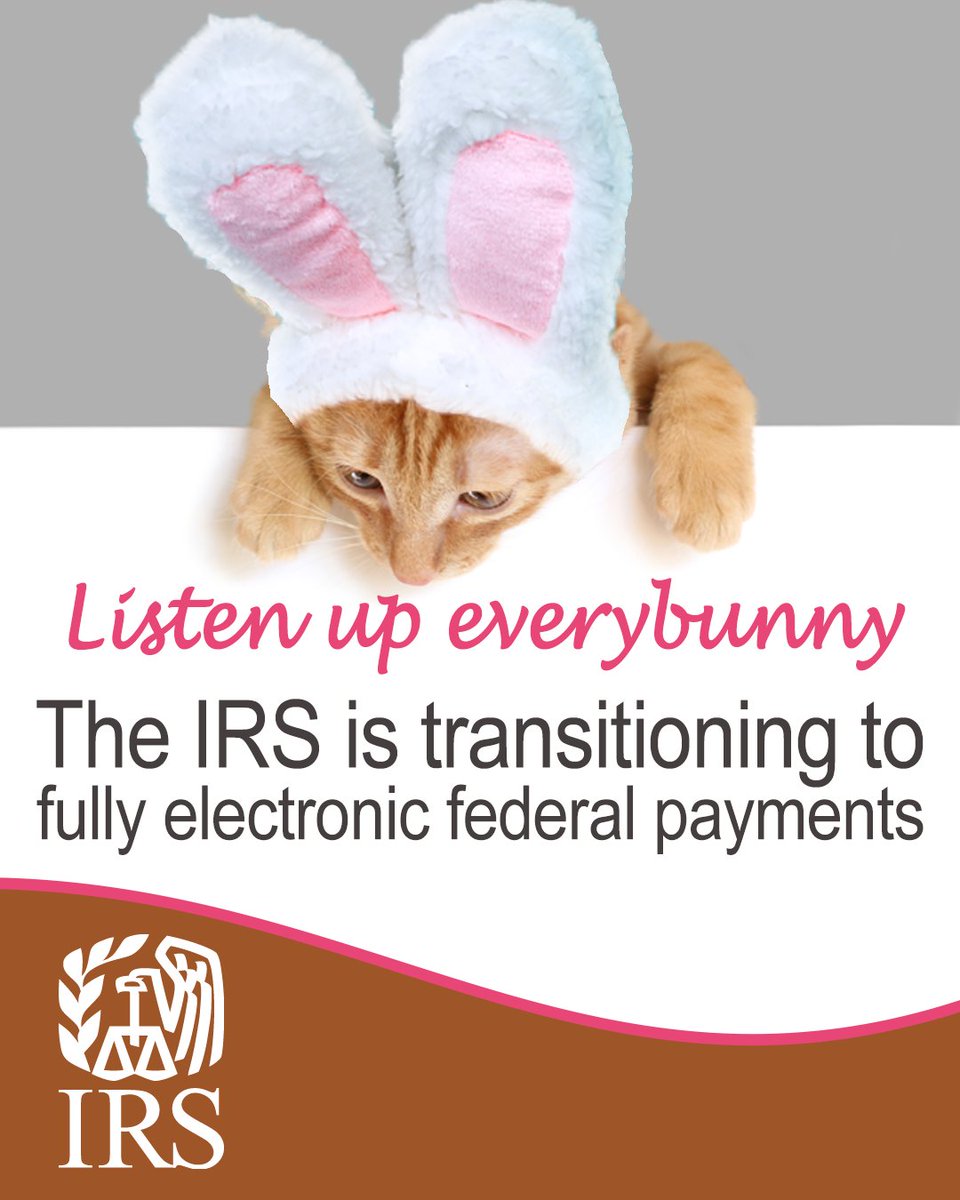 IRSnews's tweet photo. Electronic payments to and from the #IRS are generally processed faster, cost less to handle, and reduce errors compared to paper payments. Listen up everybunny: It’s time to leave paper behind: https://t.co/jxifOBBpv6 https://t.co/Ekru8UAFOW